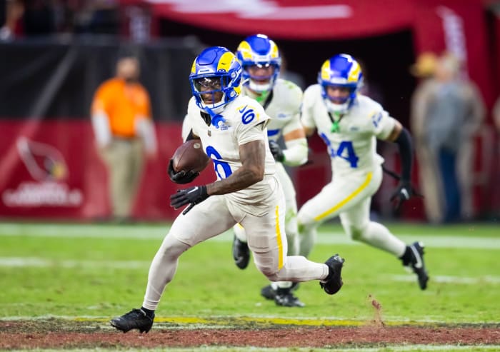 Nov 26, 2023; Glendale, Arizona, USA; Los Angeles Rams cornerback Tre Tomlinson (6) against the Arizona Cardinals at State Farm Stadium. Mandatory Credit: Mark J. Rebilas-USA TODAY Sports